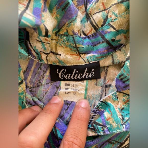 Caliche Vintage 80s Printed Design 3/4 Sleeve Pockets Collared Shirt Dress 12 - Picture 6 of 9